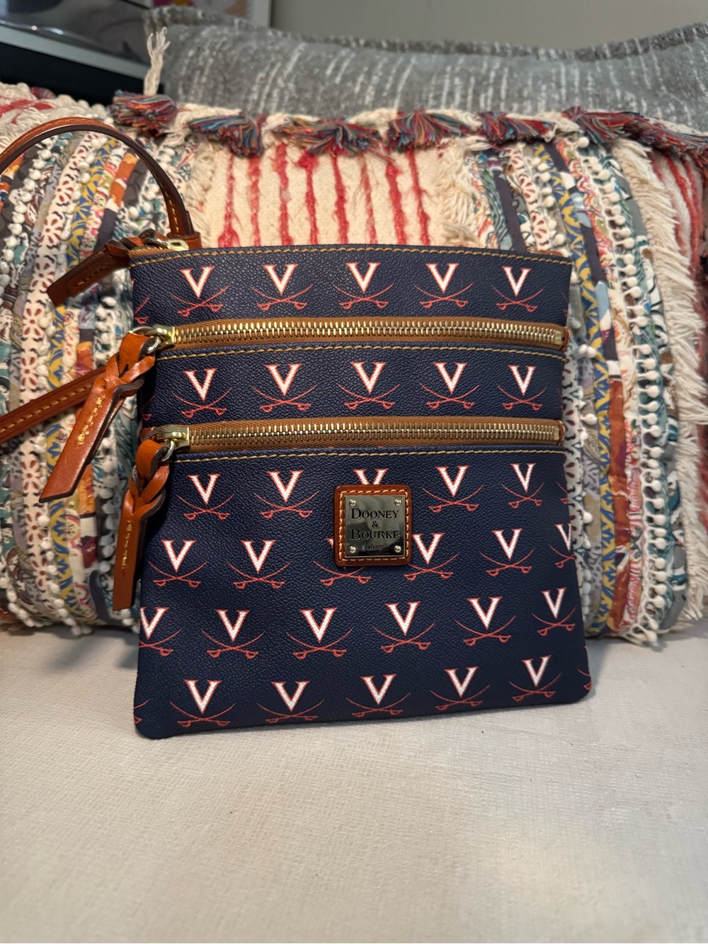 Dooney & Bourke Navy Crossbody with Pink and Orange V Pattern